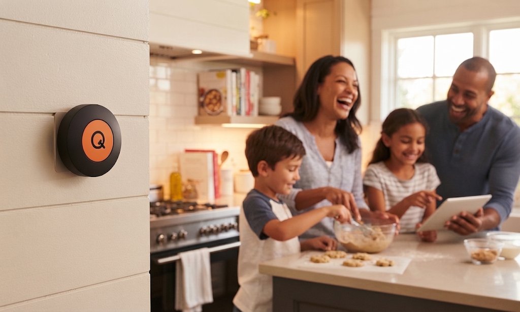 A QT button on the kitchen wall while a family bakes together
